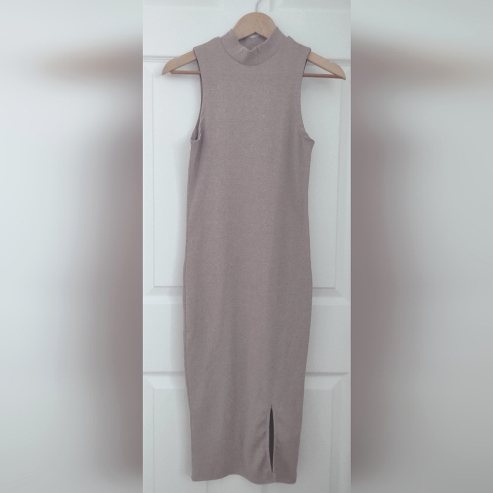 New rib knit high neck oatmeal colored dress with slit
